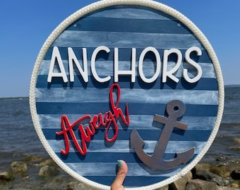 Anchors Aweigh Nautical Hand Painted Entryway Sign-Large Wood Nautical Sign