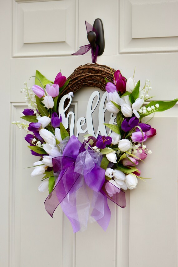 Easter Lavender Tulip Front Door Wreath with Script Monogram for Door Decor-Mothers Day Spring Easter Lavender Tulip Front Door Wreath with Script Monogram for Door Decor-Mothers Day Spring