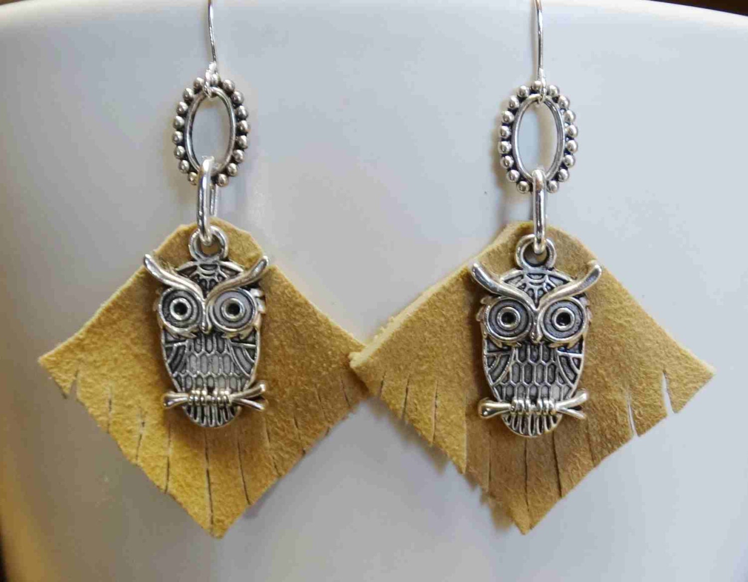 Pewter Owl Earrings with Deerskin leather backing
