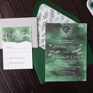 Emerald Green Watercolor Wash Wedding Invitation Suite Print at Home image 1