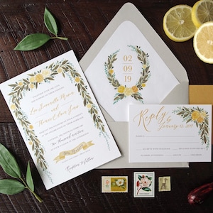 Mustard Yellow Painted Floral Garland Wedding Invitation Suite - Print at Home- Print at Home