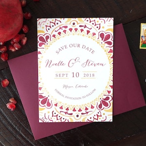 Noelle Painted Pattern Wedding Save the Date - Burgundy + Gold - Print at Home