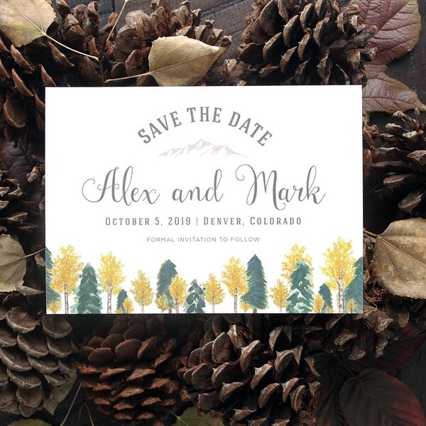 Alex Fall Mountains & Aspens Painted Wedding Save the Date - Print at Home