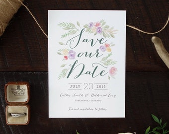 Caitlin Colorful Rustic Wedding Save the Date with Watercolor Flowers + Antlers - Print at Home