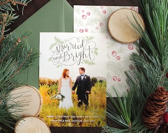 Married and Bright - Lettered & Illustrated Holiday Christmas Card - Newlyweds - Just Married - Wedding Photos -Printable