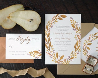 Copper Leafy Painted Wedding Invitation Suite - Print at Home