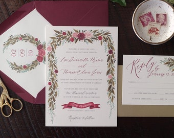 Burgundy Painted Floral Garland Wedding Invitation Suite - Print at Home