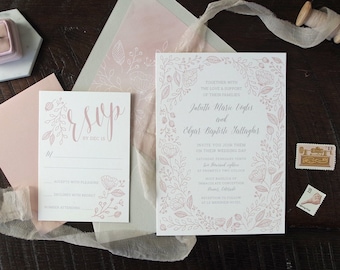 Blush Delicate Botanical Pattern Wedding Invitation Suite - Print at Home