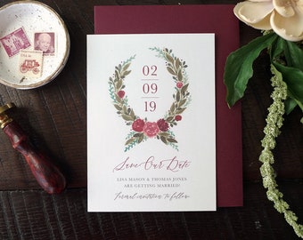 Lisa Painted Floral Garland Save the Date - Burgundy Wine - Print at Home