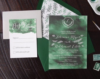 Emerald Green Watercolor Wash Wedding Invitation Suite - Print at Home