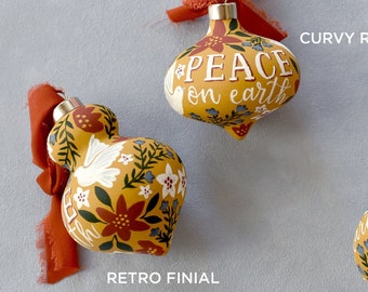 2022 Hand Painted Ceramic Christmas Ornament Retro Shapes - Peace on Earth Mustard Yellow