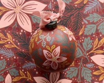 Hand Painted Ceramic Christmas Ornament/ Bauble - Florals on Clay Red