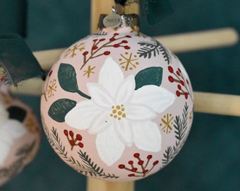 White Poinsettias Floral Hand Painted Ceramic Christmas Ornament/ Bauble