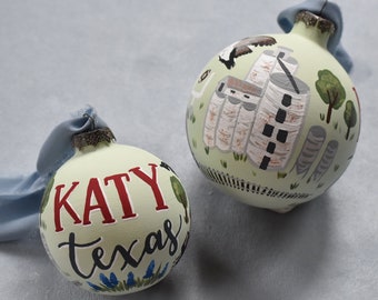 Hand Painted Ceramic Christmas Ornament/ Bauble - Katy, Texas
