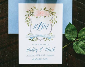 Hadley Watercolor Crest Wedding Save the Date - Print at Home