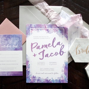 Pamela Lavender/ Ultra Violet Watercolor Wedding Invitation Suite- Print at Home