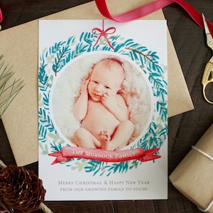 Gemalter Kranz Foto Weihnachtskarte - Wachsende Familie - Aquarell - Druckbar