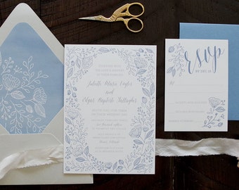 Dusty Blue Delicate Botanical Pattern Wedding Invitation Suite - Print at Home