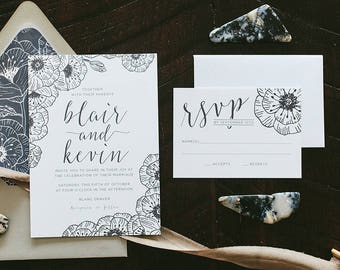 Black & White Modern Poppies Wedding Invitation Suite - Print at Home