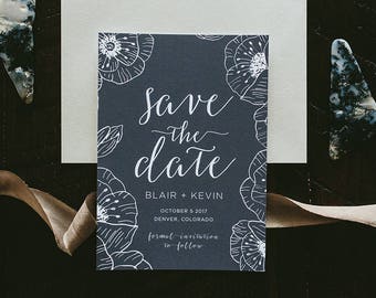 Blair Black & White Poppies Wedding Save the Date - Print at Home