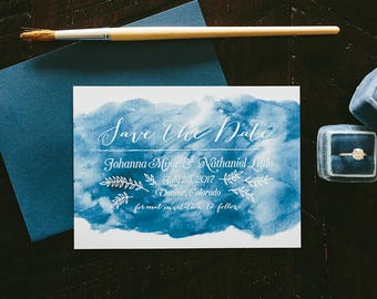 Johanna Watercolor Wash Wedding Save the Date - Sapphire Blue - Print at Home