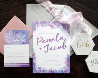 Pamela Lavender/ Ultra Violet Watercolor Wedding Invitation Suite- Print at Home