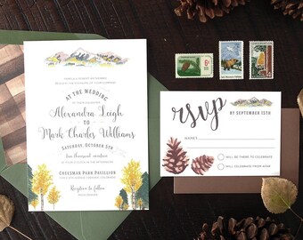 Rustic Fall Mountains & Aspens Painted Wedding Invitation Suite - Print at Home