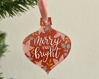 Hand Painted Calligraphy Acrylic Christmas Ornament - Merry & Bright