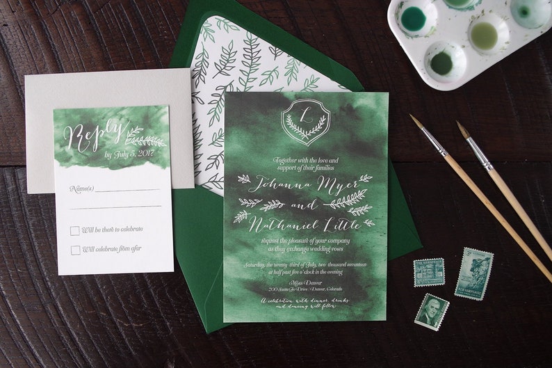 Emerald Green Watercolor Wash Wedding Invitation Suite Print at Home image 1