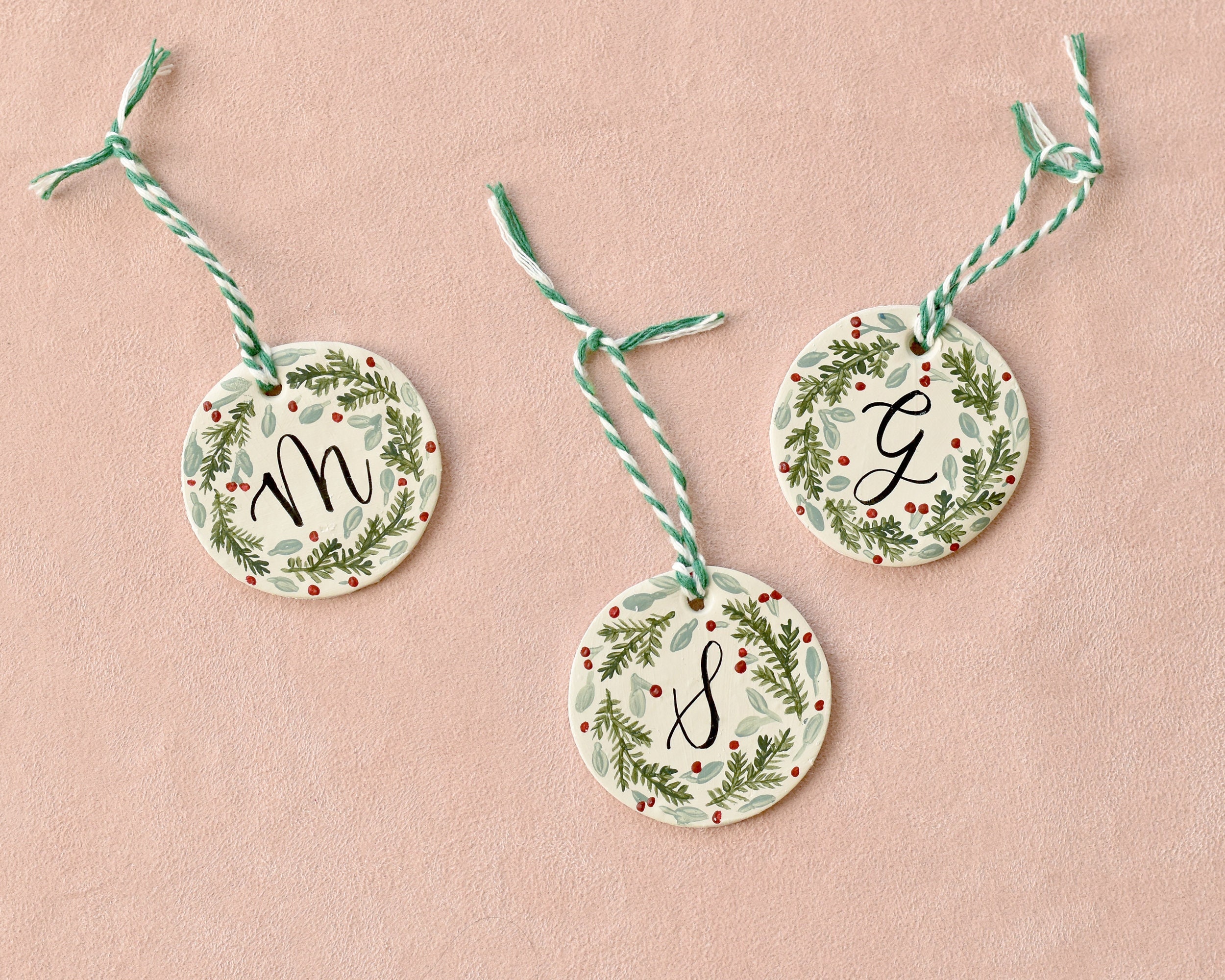 Handmade Round Clay Initial Gift Tag/ Stocking Letter/ Christmas Ornaments