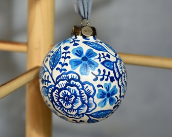 Blue & White Delft Hand Painted Ceramic Christmas Ornament/ Bauble