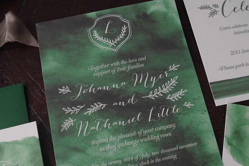 Emerald Green Watercolor Wash Wedding Invitation Suite Print at Home image 3