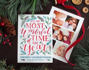 It's the Most Wonderful Time of the Year - Family Holiday Christmas Card - Painted Watercolor - Lettering - Printable