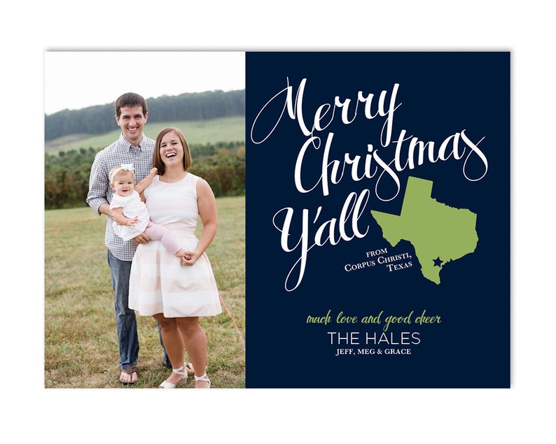 Merry Christmas Y'all Texas Outline Houston, Austin, Dallas, San Antonio Family Photo Holiday Card Printable image 3