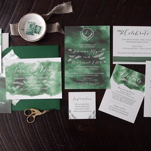 Emerald Green Watercolor Wash Wedding Invitation Suite Print at Home image 2