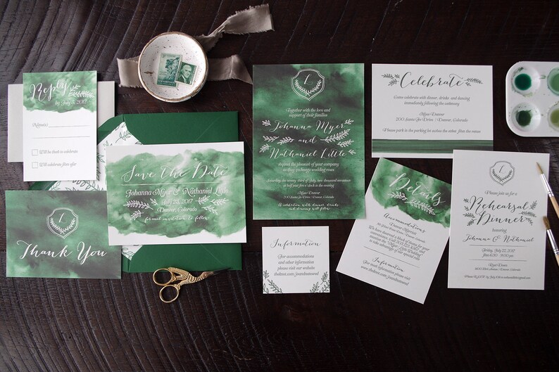 Emerald Green Watercolor Wash Wedding Invitation Suite Print at Home image 2