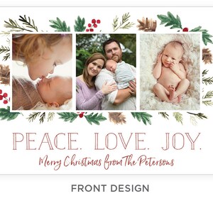 Peace Love Joy 3 Photo Family Holiday Christmas Card Rustic Watercolor Pinecones & Holly Printable image 3