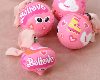 Hot Pink Doll Inspired "Believe" Hand Painted Ceramic Christmas Ornament/ Bauble