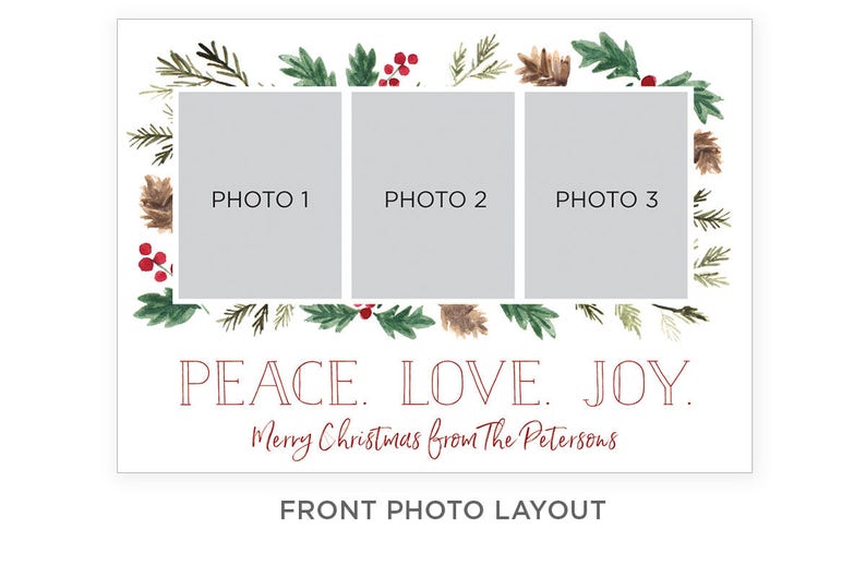 Peace Love Joy 3 Photo Family Holiday Christmas Card Rustic Watercolor Pinecones & Holly Printable image 5