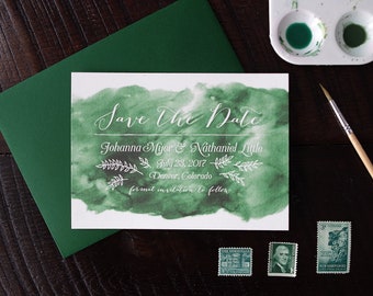 Johanna Watercolor Wash Wedding Save the Date - Emerald Green - Print at Home