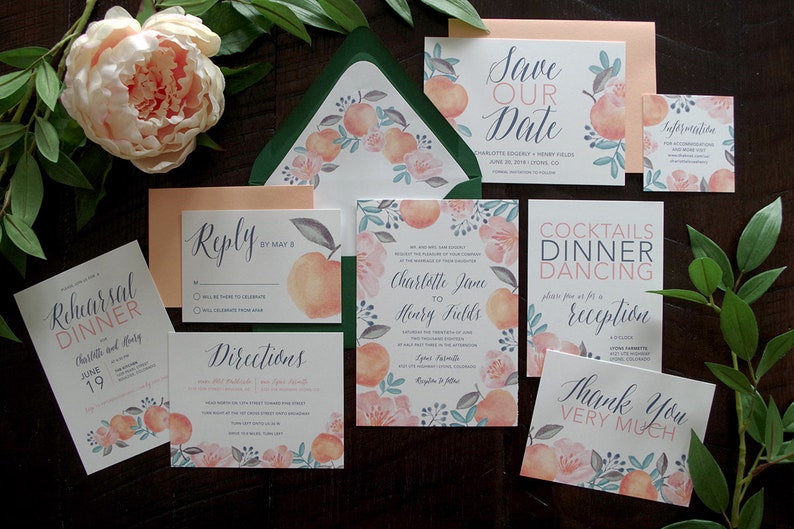 Charlotte Peach Colorful Painted Wedding Invitation Suite Print at Home image 2