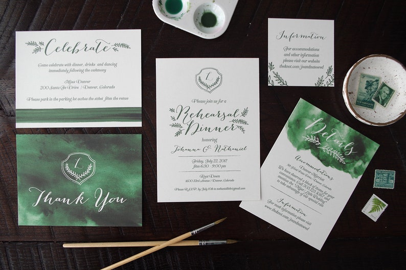 Emerald Green Watercolor Wash Wedding Invitation Suite Print at Home image 4