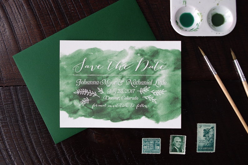 Emerald Green Watercolor Wash Wedding Invitation Suite Print at Home image 5