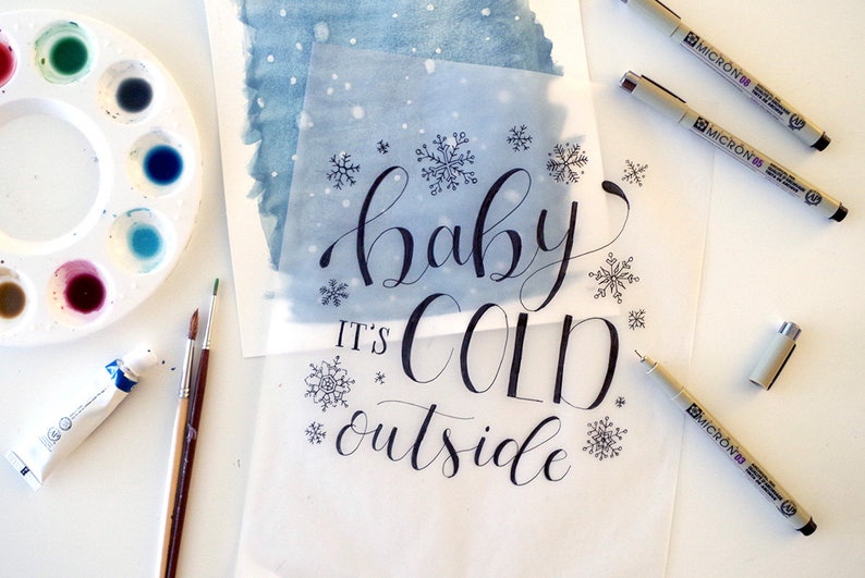 Christmas Art Printable Holiday Decor Baby It's Cold Outside Home Wall Art Hand Lettered Calligraphy Watercolor image 1