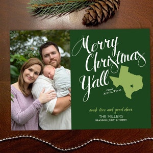 Merry Christmas Y'all Texas Outline Houston, Austin, Dallas, San Antonio Family Photo Holiday Card Printable image 1