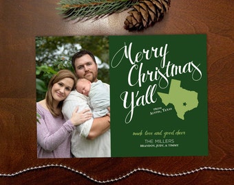 Merry Christmas Y'all - Texas Outline - Houston, Austin, Dallas, San Antonio - Family Photo Holiday Card - Printable