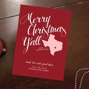 Merry Christmas Y'all Texas Outline Houston, Austin, Dallas, San Antonio Family Photo Holiday Card Printable image 2