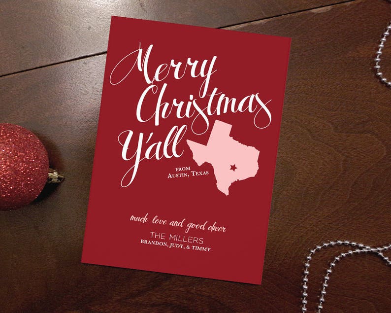 Merry Christmas Y'all Texas Outline Houston, Austin, Dallas, San Antonio Family Photo Holiday Card Printable image 2