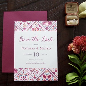 Natalia Painted Spanish Tiles Wedding Save the Date - Burgundy - Print at Home