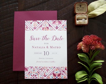 Natalia Painted Spanish Tiles Wedding Save the Date - Burgundy - Print at Home